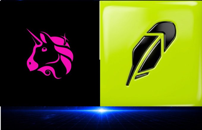 A graphic displaying two gaming logos side-by-side: a pink unicorn head emblem on a black background and a stylized black bird/sword emblem on a bright green background.
