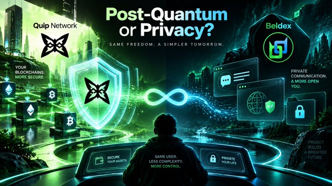 A promotional graphic titled 'Post-Quantum or Privacy?' featuring 'Quip Network' and 'Beldex' with text including 'SAME FREEDOM. A SIMPLER TOMORROW.' and 'PRIVACY BUILDS A BRIGHTER FUTURE'.