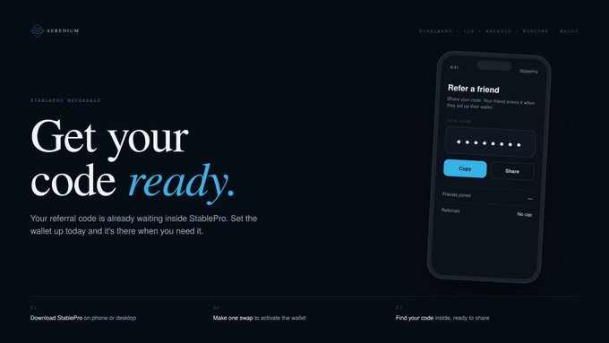 The image is a promotional web page for AEREDIUM's StablePro Wallet, featuring the headline "Get your code ready" alongside a smartphone mockup displaying a "Refer a friend" screen with a copyable referral code. It illustrates the accompanying post's message about downloading StablePro and locating a referral code, which is emphasized in the three-step footer instructions.
