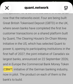 Screenshot from quant.network about tokenized deposit networks, highlighting 'CBMT' (Commercial Bank Money Token) initiative of the German banking industry now in pilot.