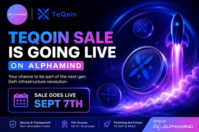 An advertisement banner for the 'TEQOIN SALE' launching on 'ALPHAMIND' on 'SEPT 7TH', featuring a rocket ship and cryptocurrency coins in a purple/blue space-themed design.
