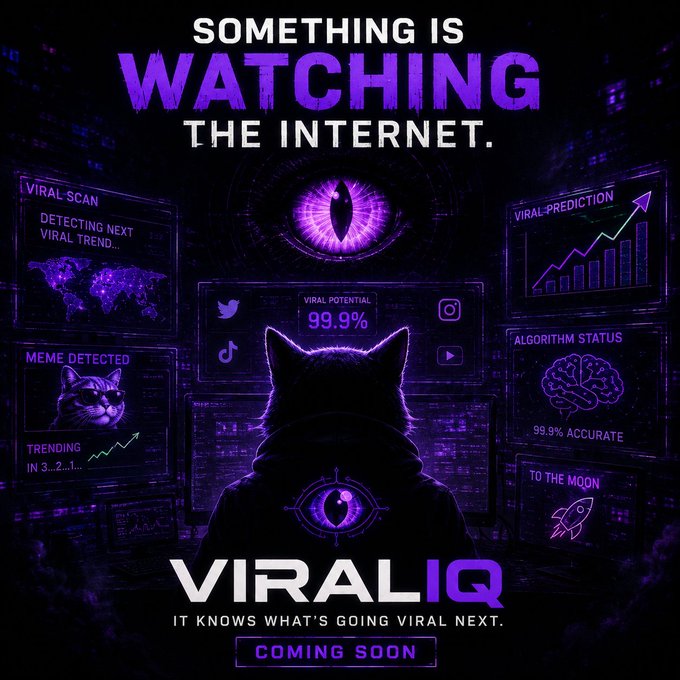 A promotional poster for 'VIRALIQ' with the tagline 'SOMETHING IS WATCHING THE INTERNET' and 'IT KNOWS WHAT'S GOING VIRAL NEXT', showing a silhouetted cat facing a purple eye surrounded by holographic dashboards displaying metrics like 'VIRAL POTENTIAL 99.9%' and 'TO THE MOON'.