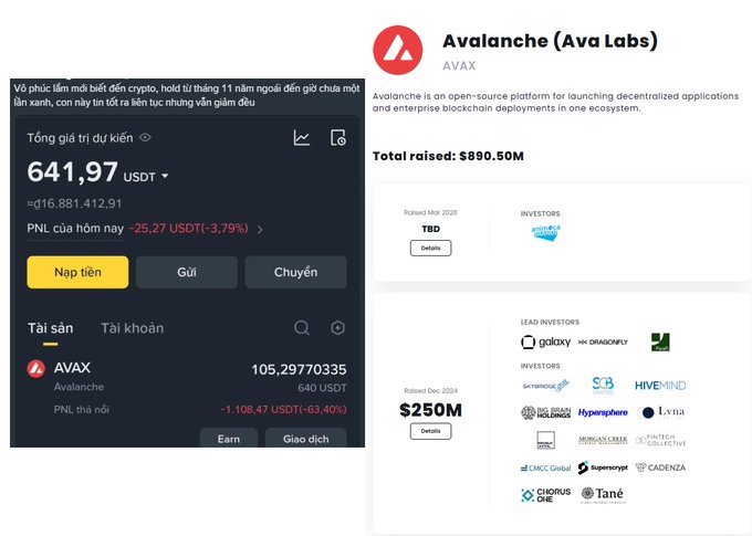 The image shows a screenshot of a website called Avax, which appears to be a platform for fundraising or cryptocurrency investing. The main focus of this platform is the private blockchain sector. The screen also contains information about someone who bought shares of Avax in November last year and has kept them ever since. The person acquired $600 worth of Avax shares back then and still holds at the peak of their value, which suggests that they might be profiting from it now or are planning to sell it soon. Another post on the website provides details about a different cryptocurrency named Avalanche Lab, with a total raised amount of $880m. The screenshot also reveals the presence of various businesses in the cryptocurrency space.