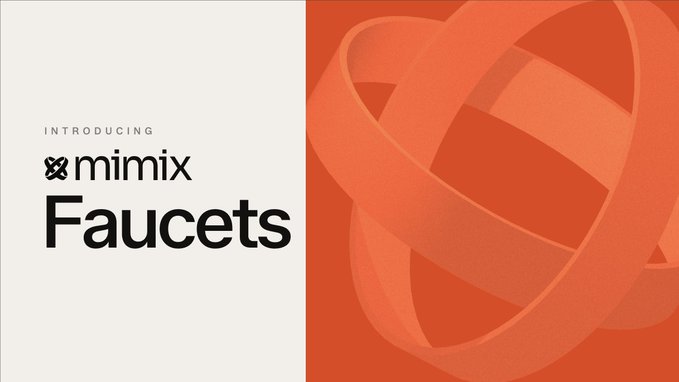 Promotional graphic introducing 'mimix Faucets' with an orange 3D ribbon-like logo on a split white and orange background.