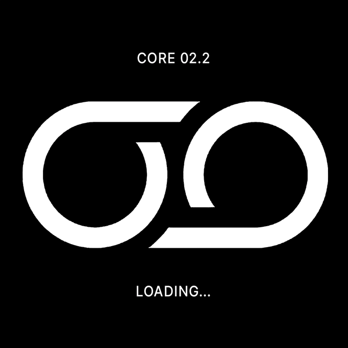 A black loading screen displays "CORE 02.2" at the top and "LOADING..." at the bottom, with a stylized white infinity-loop logo in the center. The image visually represents the "ODL Core" (the in-game experience token from Runes AND Legends), illustrating the holder's claim to both the Runes blockchain and Legends game ecosystem.