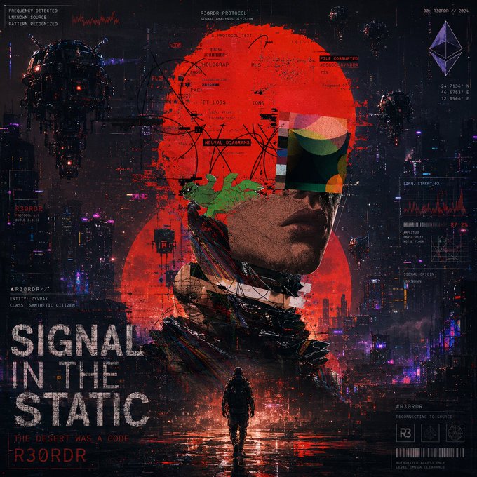 A cyberpunk-style poster reads "SIGNAL IN THE STATIC" with the tagline "THE DESERT WAS A CODE" and "R30RDR."