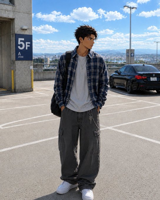 An anime-style illustration of a young man in a plaid shirt, white t-shirt, and baggy cargo pants standing on a rooftop parking lot marked '5F A ZONE', with a black sedan and cityscape behind him.
