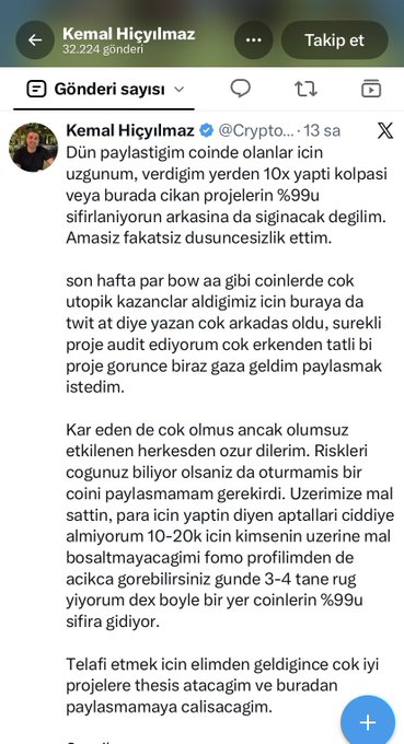 A Twitter/X post by Kemal Hiçyılmaz (@Crypto...) warning followers about scams where 99% of paid coins are rugpulled and announcing an upcoming project thesis to share.