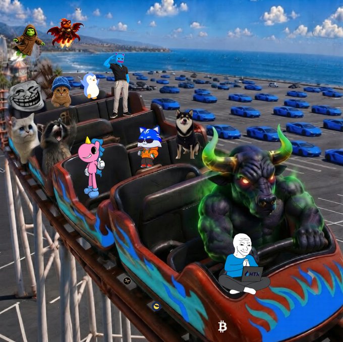 A surreal digital artwork featuring a roller coaster filled with various internet meme characters and figures, set against a backdrop of an ocean filled with blue sports cars.