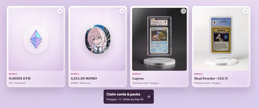 The image shows a digital marketplace interface displaying four NFT items from Epoch 2: 0.00251 ETH, 2,514.59 MOMO, a 2023 Lapras Pokémon card (CGC 9), and a 2002 Heal Powder Trainer Card 1st Edition (CGC 9), with a "Claim cards & packs" button for Polygon that expires September 10.