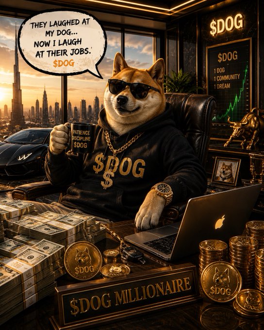 A meme-style image of a Shiba Inu dog wearing sunglasses and a '$DOG' hoodie sitting at a desk with cash stacks, with a speech bubble reading 'THEY LAUGHED AT MY DOG... NOW I LAUGH AT THEIR JOBS. $DOG.'