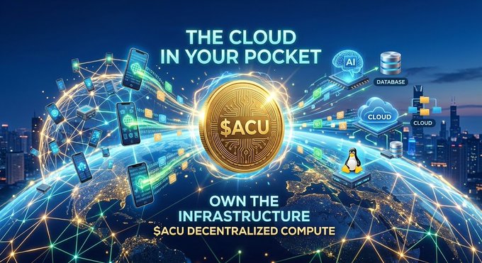 A digital illustration features a golden "$ACU" coin at the center, surrounded by smartphones, servers, and cloud icons connected via a futuristic network spanning a globe, with text reading "THE CLOUD IN YOUR POCKET" and "OWN THE INFRASTRUCTURE $ACU DECENTRALIZED COMPUTE." The graphic visually reinforces the post's message about Acurast transforming everyday mobile devices into a decentralized cloud compute network.