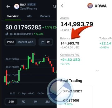 The image shows a mobile screenshot of the XRWA token on what appears to be a crypto tracking app, displaying a current price of $0.01795285 with a -1.5% change, alongside an account balance of $144,993.79 showing a -$2,603.50 loss (note: this balance appears inconsistent with the post's claim of $258 remaining). The post describes a devastating 90.08% loss on an investment, reducing $2,000+ down to $258, using the screenshot as evidence of the substantial financial damage from holding the XRWA token.