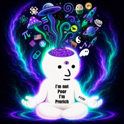 A psychedelic digital illustration shows a meditating humanoid figure with an exposed brain, surrounded by floating icons including mushrooms, planets, rockets, Bitcoin, and Ethereum symbols, with the text 'I'm not Poor I'm Porich' on its chest.
