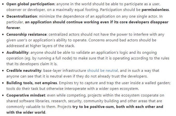 A bulleted list outlining principles for decentralized applications, including 'Open global participation,' 'Decentralization,' 'Censorship resistance,' 'Auditability,' 'Credible neutrality,' 'Building tools, not empires,' and 'Cooperative mindset.'