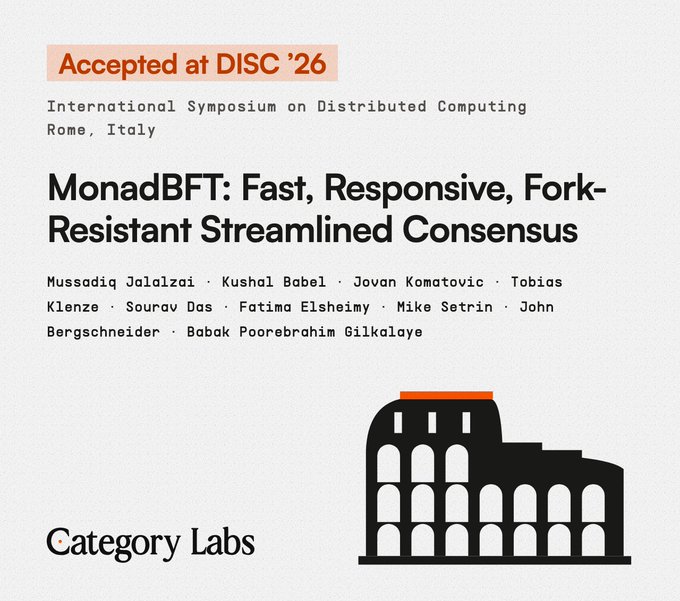 The image announces that "MonadBFT: Fast, Responsive, Fork-Resistant Streamlined Consensus" by Mussadiq Jalalzai, Kushal Babel, Jovan Komatovic, and others was accepted at DISC '26 in Rome, Italy—visually marking the academic recognition of the speculative consensus protocol discussed in the post.
