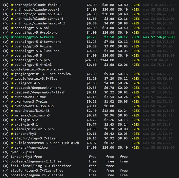 The image displays a pricing comparison list for various AI models on what appears to be the Nous Portal, with the post's subject—`openai/gpt-5.6-terra` at $1.25 input / $7.50 output—highlighted in green and marked "-50%" (down from $2.50/$15.00), alongside similarly discounted `gpt-5.6-terra-pro` and `gpt-5.6-luna` models.