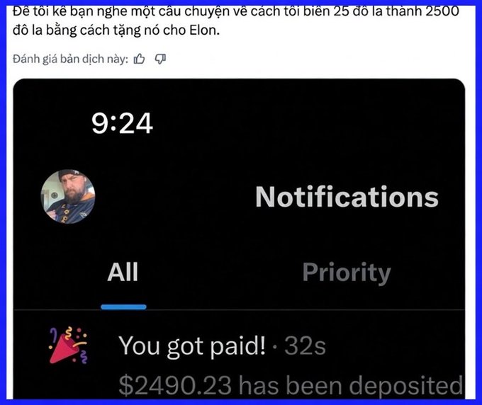 Mobile notification screenshot showing a payment notification of $2490.23 deposited into an account, accompanied by Vietnamese text translating to a story about converting $25 into $2500 by borrowing for Elon.
