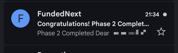 A notification from FundedNext at 21:34 reads "Congratulations! Phase 2 Complete..." with a follow-up message "Phase 2 Completed Dear [redacted]," matching the post celebrating the user's progress and gratitude for completing a milestone in their trading evaluation journey.