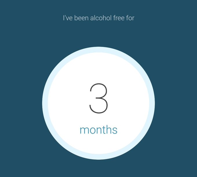 A dark teal digital counter displays "I've been alcohol free for 3 months," marking a sobriety milestone that aligns with the post's proud celebration of three months sober for the first time.