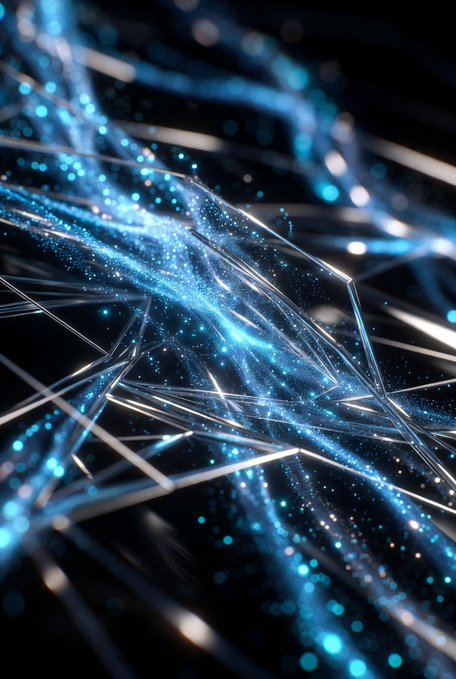 An abstract digital artwork showing glowing blue particles and light streaks forming geometric wireframe patterns against a dark background.