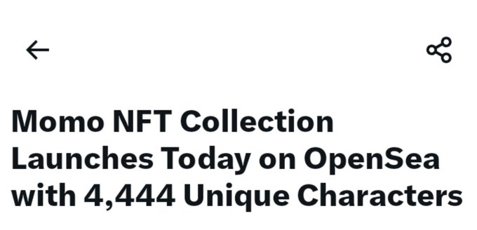 A news headline graphic stating 'Momo NFT Collection Launches Today on OpenSea with 4,444 Unique Characters.'
