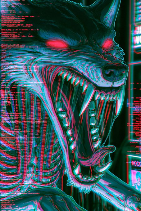 A vivid digital illustration of a snarling wolf with red eyes and bared teeth, rendered in pink and teal tones with glitch effects and red text overlays.