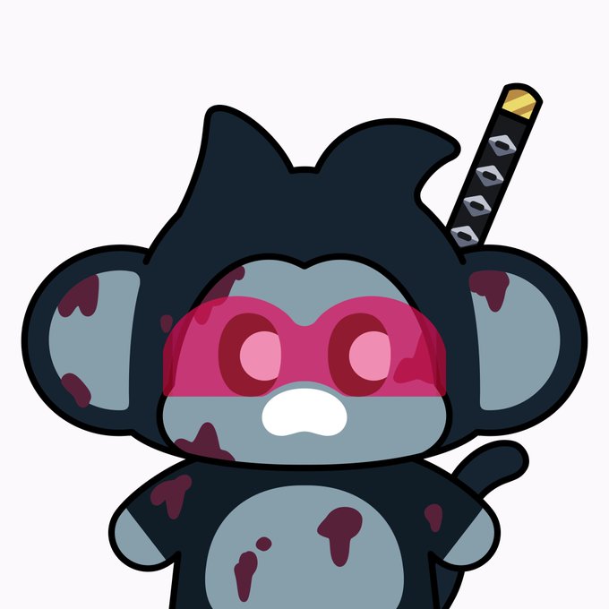 A cartoon illustration of a dark gray monkey-like character wearing red sunglasses and carrying a katana on its back.
