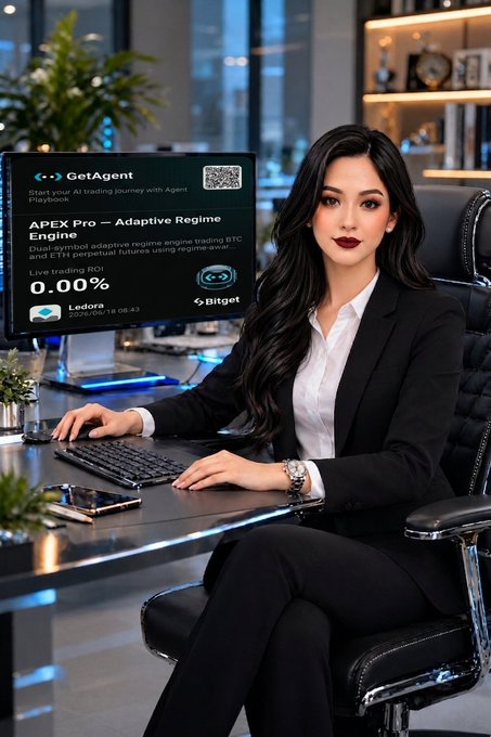 The image features a woman sitting at a desk, wearing a black suit and working on a computer. The background of the image shows a monitor displaying information about APEX Pro - Adaptive Regime Engine. This suggests that the woman might be involved in trading or financial analysis, as she is using a computer to access and analyze data related to APEX Pro.