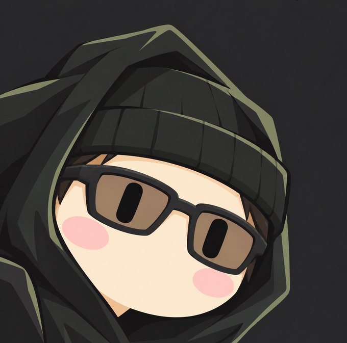 An anime-style portrait of a cute character wearing a dark hooded jacket, black beanie, sunglasses, with pink blushing cheeks against a dark background.