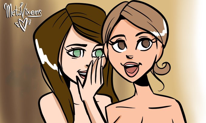 An animated cartoon illustration of two women with brown hair whispering and smiling, with 'MetaVixens' text in the upper left corner.