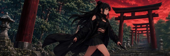 An anime-style illustration of a woman with long black hair in a black gothic outfit wielding a katana, standing before a path of red torii gates under a crimson sky.