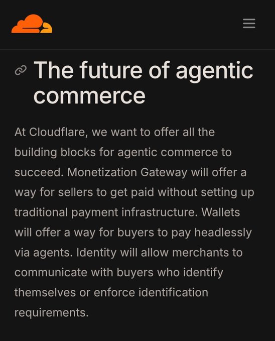 A screenshot of a Cloudflare blog post titled 'The future of agentic commerce,' discussing monetization gateways, wallets, and identity for sellers, buyers, and merchants.