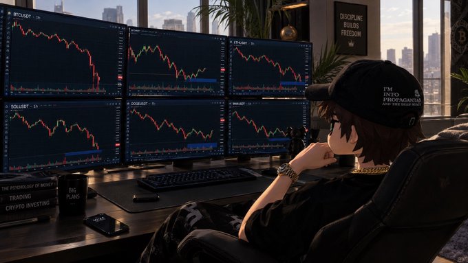 An anime-style illustration of a person wearing a black cap and 'I'M INTO PROFITMANDAS' hoodie sitting at a desk with multiple monitors displaying cryptocurrency trading charts showing downward trends.