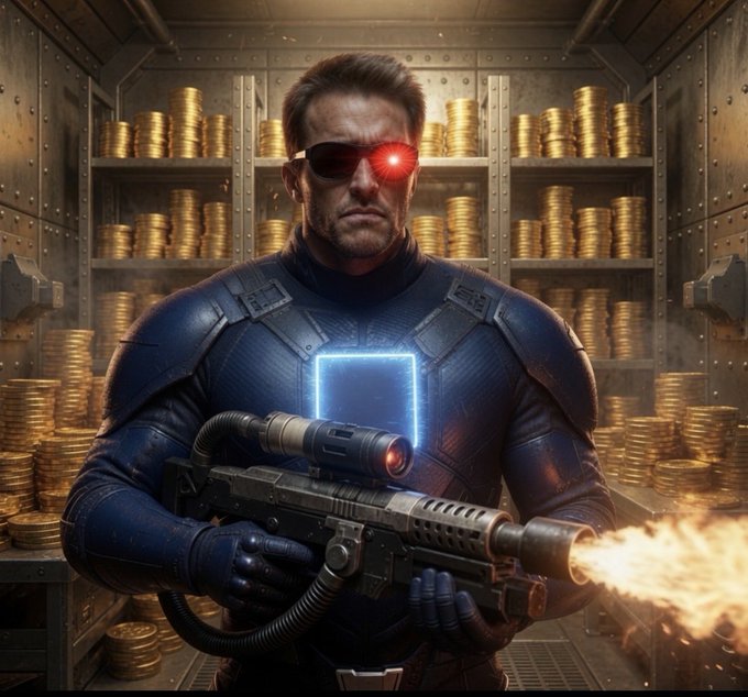 A digital artwork of a futuristic soldier in blue armor with a glowing chest emblem and red eyepiece, wielding a flamethrower-like weapon in a vault filled with stacks of gold coins.
