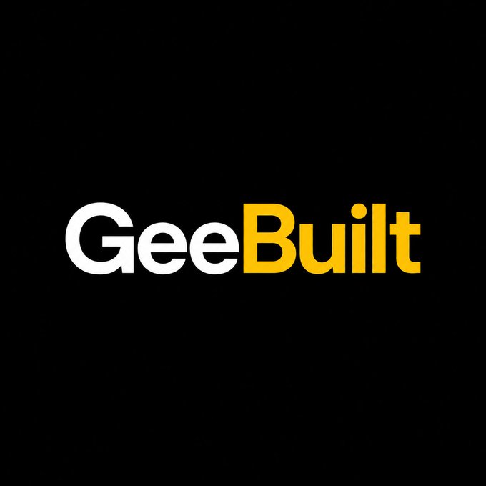 A black background features the "GeeBuilt" logo in white and gold/yellow text, serving as branding for the accompanying post titled "Gee's Ledger," which analyzes current crypto market performance, noting Bitcoin holding around $77K and Ethereum also rising following a strong weekly move.