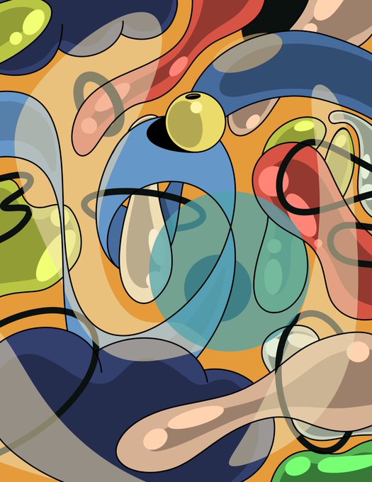 An abstract digital artwork featuring overlapping, translucent blob-like shapes and curves in colors of blue, yellow, orange, green, red, and beige, creating a fluid, chaotic composition.