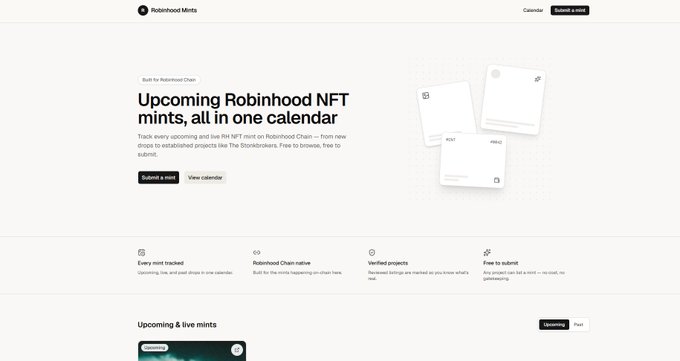 A webpage from Robinhood Mints promoting "Upcoming Robinhood NFT mints, all in one calendar" for tracking live drops on the Robinhood Chain.