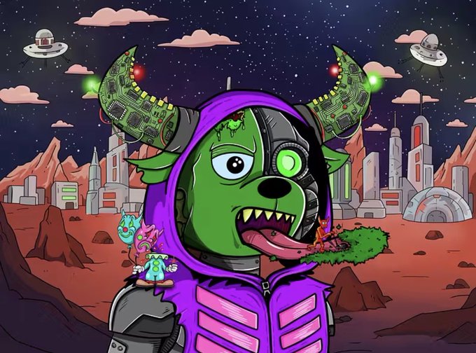 The image is a cartoon representation of a bear with horns, an alien headbanded like a robot wearing face paint and holding two fingers outstretched as if reaching for the camera or an object in front of them. The surrounding environment features tall buildings, mountains under star-filled skies, and other fantastical elements indicative of a magical, alternate reality where the price for an item is one solar dollar, with "Day 139" indicating that the post has been published at this point in time.