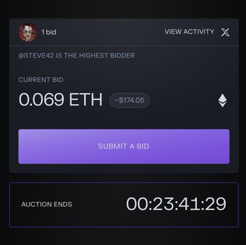 An auction interface showing '1 bid' from @STEVE42 as the highest bidder with a current bid of 0.069 ETH (~$174.05), a 'Submit a Bid' button, and an auction countdown of 00:23:41:29.