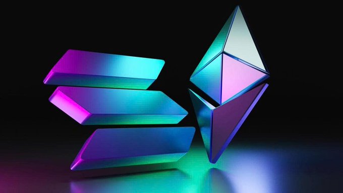 A 3D digital illustration of the Solana (SOL) cryptocurrency emblem with stacked horizontal bars and an octahedron in iridescent pink, blue, and green hues.