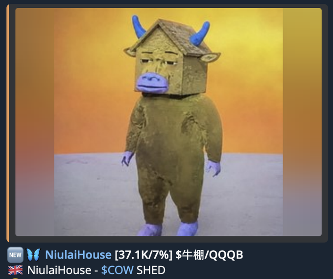 A meme image of a person in a furry brown bull costume with a house on its head, labeled 'NiulaiHouse' with the tickers $牛棚/QQQB and $COW SHED.