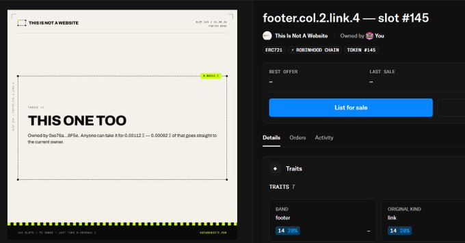 A screenshot of an NFT marketplace listing for 'footer.col.2.link.4 — slot #145' with text 'THIS ONE TOO' and 'THIS IS NOT A WEBSITE' displayed, with 7 traits listed.