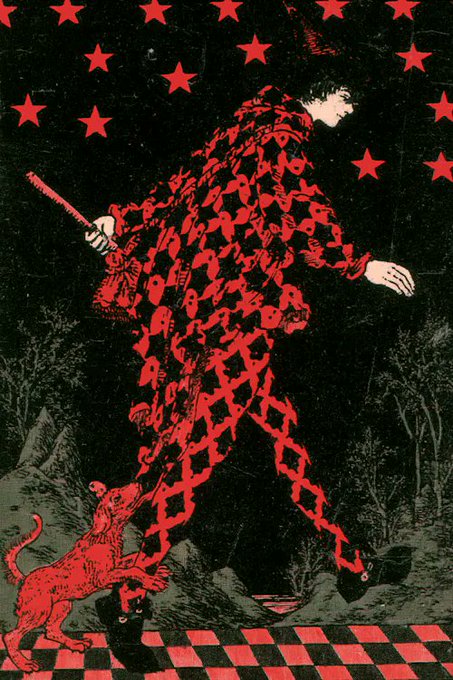 A red and black illustration shows a figure in a patterned red suit walking while holding a baton, with a small red dog at their feet and red stars scattered across the dark background.
