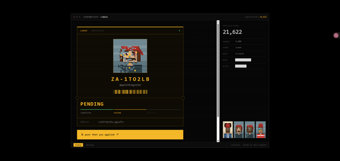 A user interface for the CypherRepublic Hackers NFT collection showing a pixel-art character pending approval with stats including 21,622 XP.