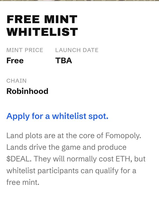 A whitelist page reads “FREE MINT WHITELIST,” with “MINT PRICE Free,” “LAUNCH DATE TBA,” and “CHAIN Robinhood.” It invites users to “Apply for a whitelist spot” and explains that land plots normally cost ETH but whitelist participants may qualify for a free mint.