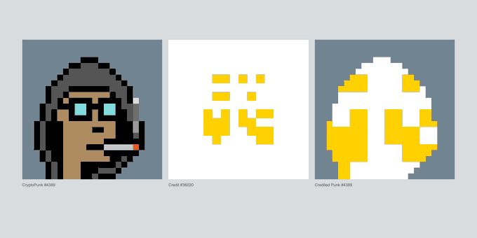 Three CryptoPunk NFT images displayed: punk #4369 with glasses, credit #36020 showing a fragmented pattern, and a stylized egg-like design labeled 'Cradled Punk #4369'.