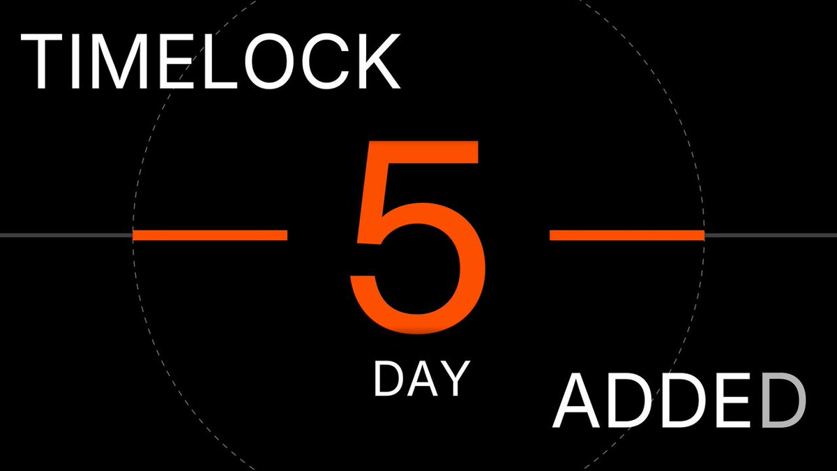 The image features a black background with white text that reads "Timelock 5 Day Added". The text is positioned at the bottom of the image, making it stand out against the dark backdrop. The text also includes an image of a clock, which further emphasizes the time-related theme. The overall layout and design of the image suggest that it might be related to a post about Ethereum timelocks or a similar topic on the Ethereum blockchain.