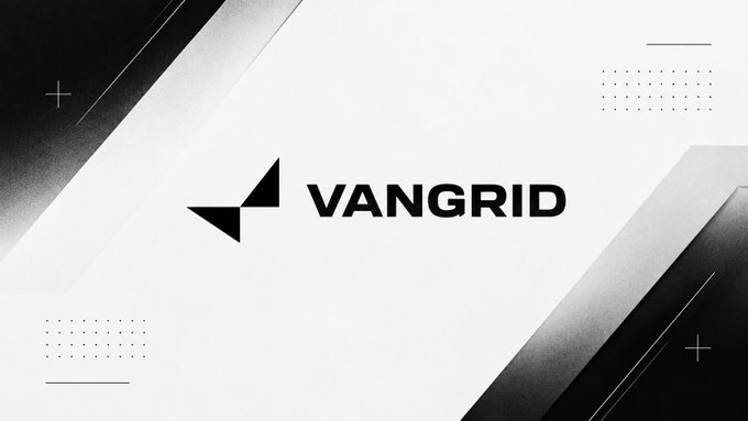 A sleek, modern logo design for 'VANGRID' in black text on a white background, accompanied by a geometric symbol and minimalist graphic elements like diagonal lines and dotted patterns.