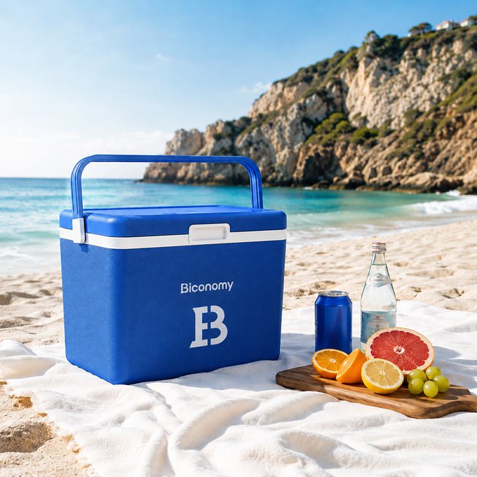 A blue "Biconomy" cooler sits on a beach blanket alongside a wooden board with fresh fruit (oranges, lemon, grapefruit, grapes), a can, and a bottle of water, with rocky cliffs and turquoise waves in the background—capturing the post's "GM" vibe of taking a refreshing break to stay curious and recharge while navigating crypto life.